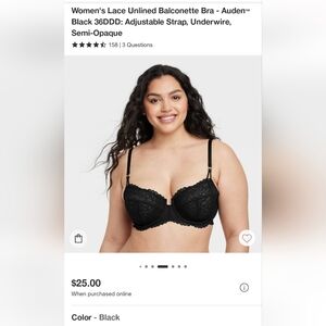 Auden Women's Lace Unlined Balconette Bra - Black - EUC - 36DDD